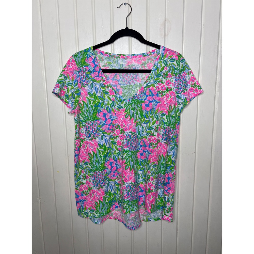 Lilly Pulitzer Small Etta V-Neck Short Sleeve Tee Pink Green Floral Jersey Top